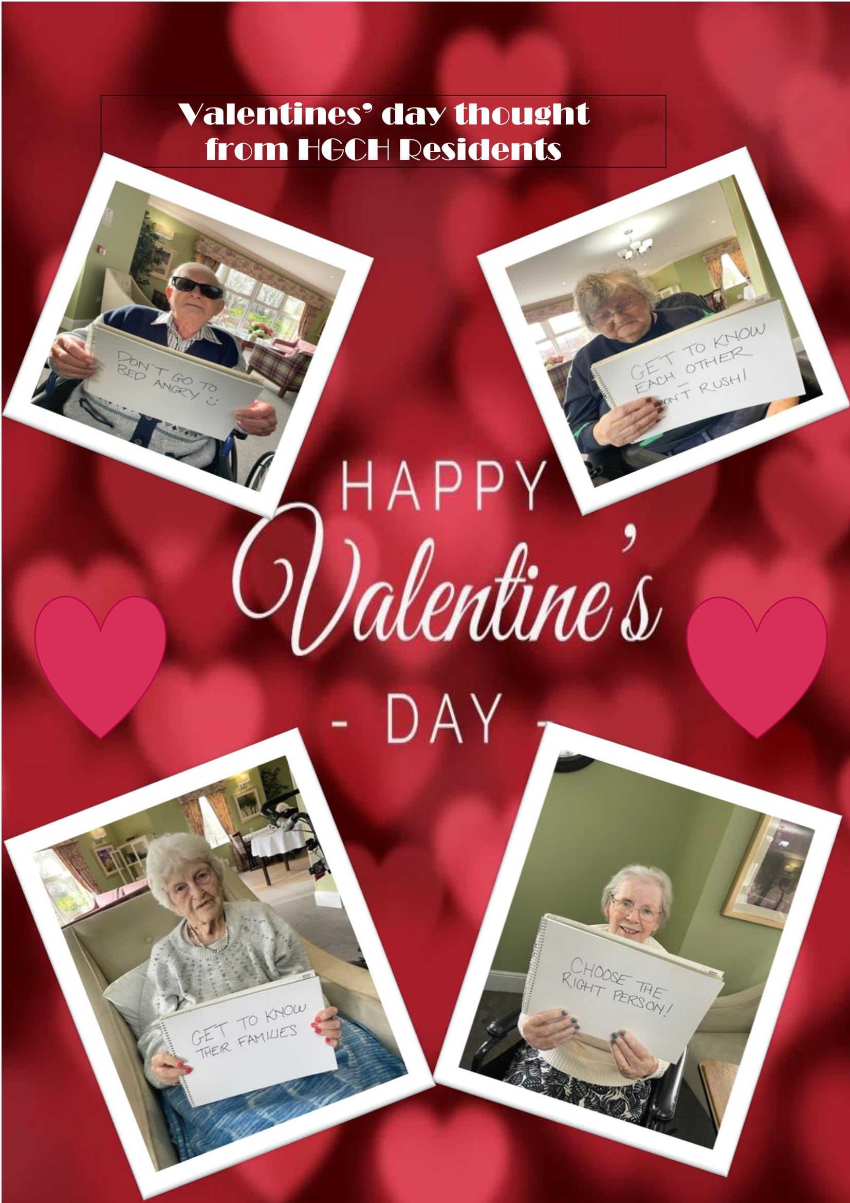 A collage of pictures of our residents holding signs on Valentines Day