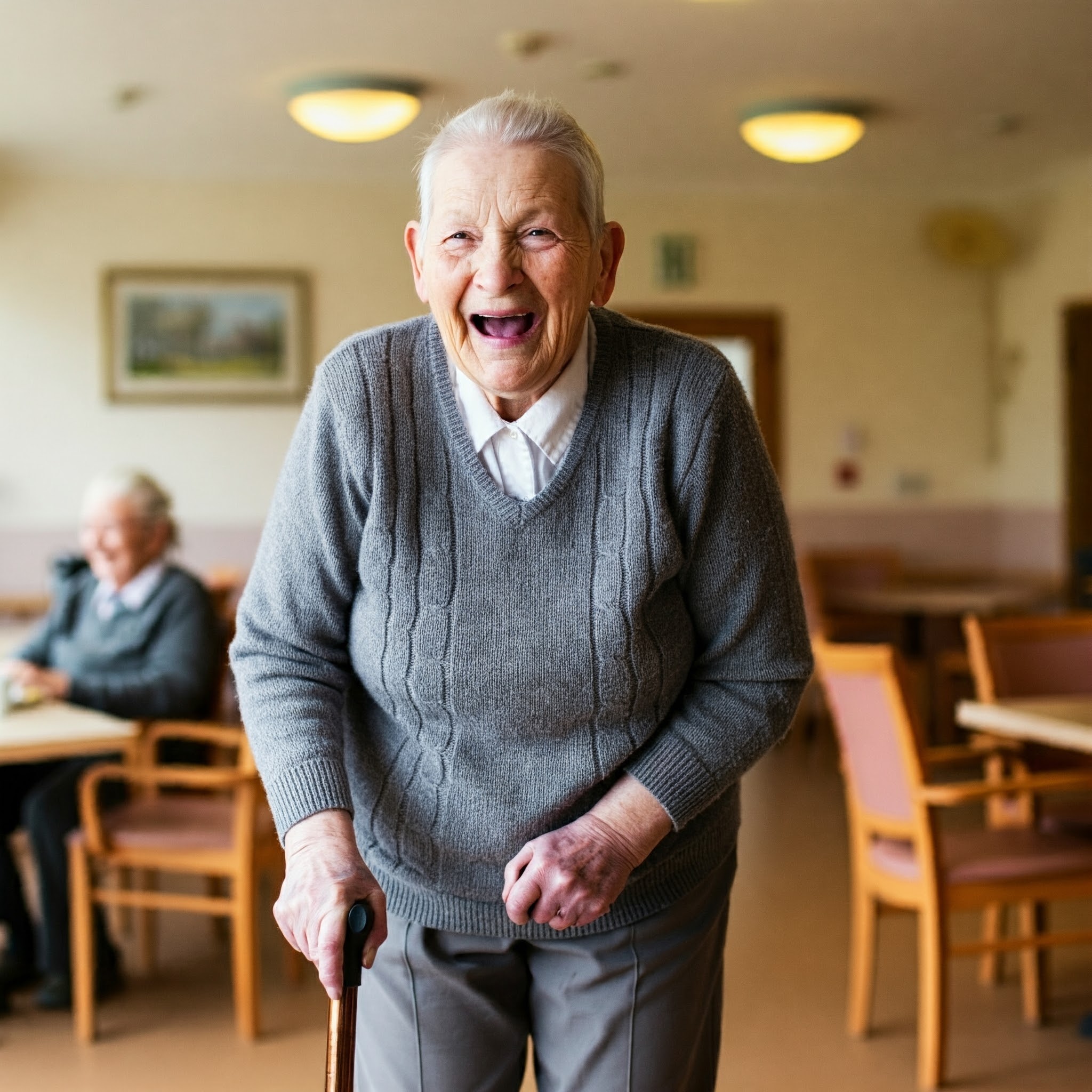 A joyful resident in the dining room