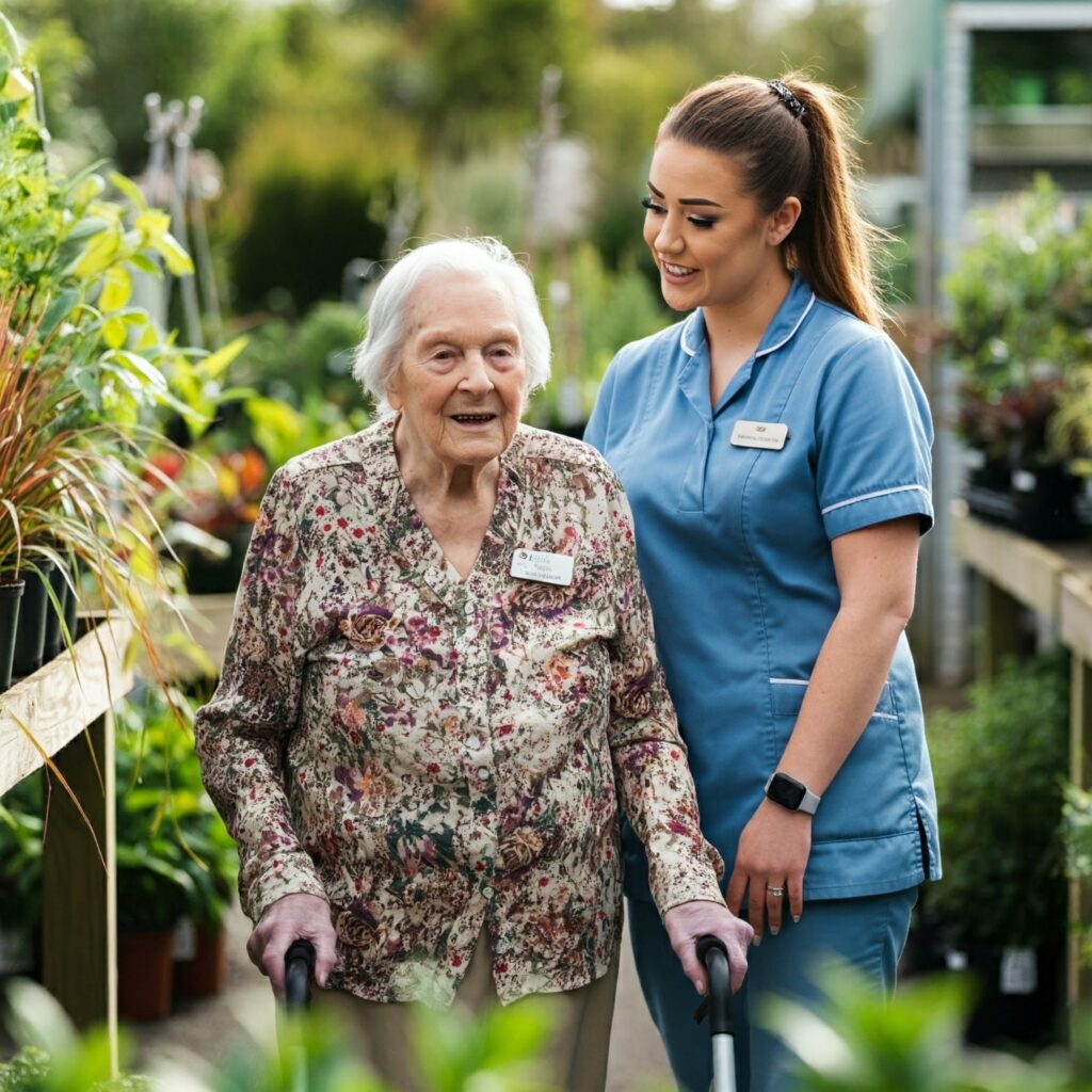 A resident and nurse visit a garden centre