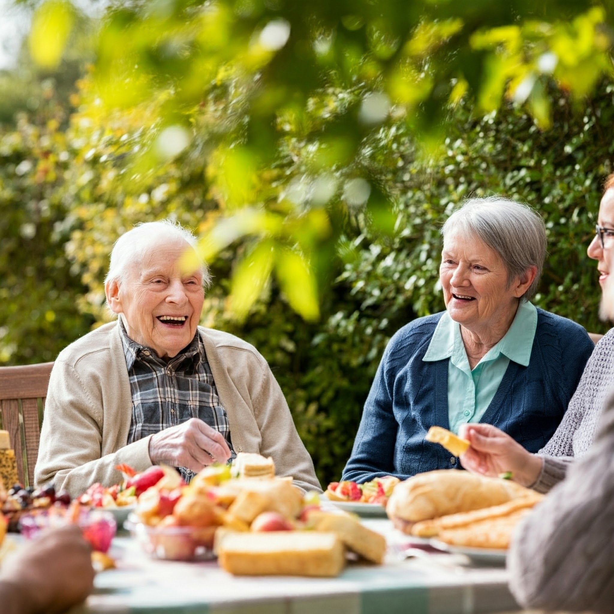 Resident and family enjoy a picnic in the garden